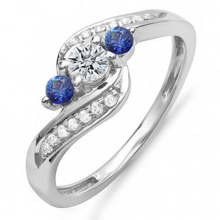 1.00 Carat (ctw) 18k White Gold Round Blue Sapphire And White Diamond Ladies Swirl Engagement 3 Stone Bridal Ring 1 CT