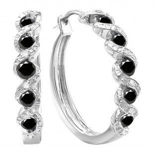 0.86 Carat (ctw) 14K White Gold Black & White Round Diamond Ladies Hoop Earrings