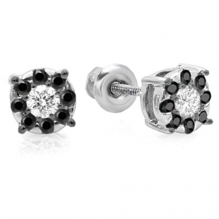 0.33 Carat (ctw) 14K White Gold Round Cut Black & White Diamond Round Shape Cluster Earrings 1/3 CT Look of 1 CT