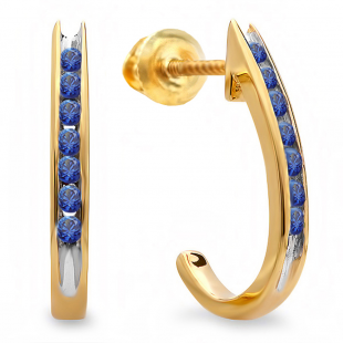 0.25 Carat (ctw) 18K Yellow Gold Round Blue Sapphire Ladies Fancy J Shaped Hoop Earrings 1/4 CT