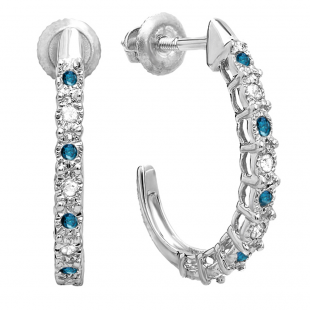 0.25 Carat (ctw) Sterling Silver Round Blue & White Diamond Ladies Hoop Earrings 1/4 CT