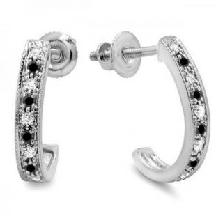 0.20 Carat (ctw) 10K White Gold Round White And Black Diamond Ladies Hoop Earrings