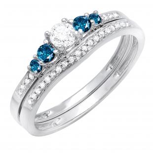 0.45 Carat (ctw) 18k White Gold Round Blue And White Diamond Ladies 5 Stone Bridal Engagement Ring Matching Band Set