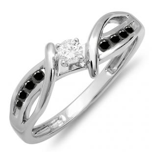 0.25 Carat (ctw) 10k White Gold Round Black And White Diamond Crossover Split Shank Ladies Bridal Promise Engagement Ring 1/4 CT