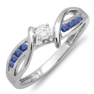 0.25 Carat (ctw) 10k White Gold Round Blue Sapphire And White Diamond Crossover Split Shank Ladies Bridal Promise Engagement Ring 1/4 CT