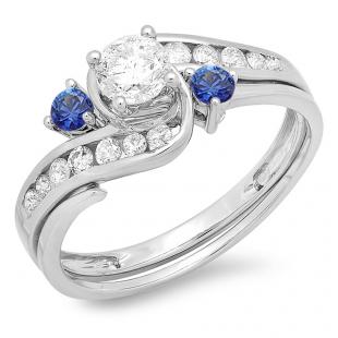 0.90 Carat (ctw) 18k White Gold Round Blue Sapphire And White Diamond Ladies Swirl Bridal Engagement Ring Matching Band Set