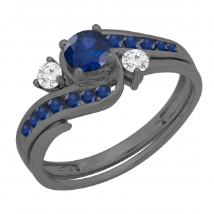 0.90 Carat (ctw) Black Rhodium Plated 10k White Gold Round Blue Sapphire And White Diamond Ladies Swirl Bridal Engagement Ring Matching Band Set