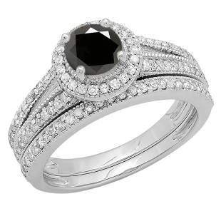 1.25 Carat (ctw) 10k White Gold Round White And Black Diamond Ladies Split Shank Halo Style Bridal Engagement Ring Set With Matching Band 1 1/4 CT