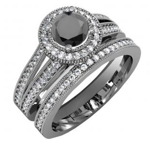 1.25 Carat (ctw) Black Rhodium Plated 18k White Gold Round White And Black Diamond Ladies Split Shank Halo Style Bridal Engagement Ring Set With Matching Band 1 1/4 CT
