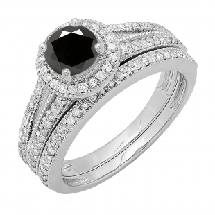 1.25 Carat (ctw) 14k White Gold Round White And Black Diamond Ladies Split Shank Halo Style Bridal Engagement Ring Set With Matching Band 1 1/4 CT