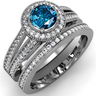 1.25 Carat (ctw) 14k White Gold Round White And Blue Diamond Ladies Split Shank Halo Style Bridal Engagement Ring Set With Matching Band 1 1/4 CT