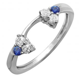 0.30 Carat (ctw) 14K White Gold Round White Diamond And Blue Sapphire Ladies Anniversary Wedding Ring Matching Guard Band 1/3 CT