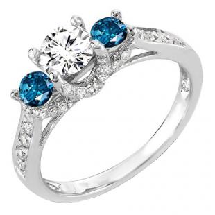 1.20 Carat (ctw) 14k White Gold Round White And Blue Diamond 3 Stone Ladies Bridal Engagement Ring