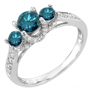 1.50 Carat (ctw) 14K White Gold Round White And Blue Diamond 3 Stone Ladies Bridal Engagement Ring