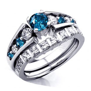 1.55 Carat (ctw) 14k White Gold Princess & Round White And Blue Diamond Ladies Bridal Ring Set Engagement Set 1 1/2 CT