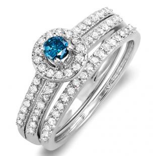 0.75 Carat (ctw) 10k White Gold Round Blue & White Diamond Ladies Halo Bridal Engagement Ring Matching Band Set 3/4 CT
