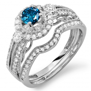 1.00 Carat (ctw) 10k Yellow Gold Round Blue & White Diamond Ladies Halo Bridal Engagement Ring Set Matching Band 0.40 CT Center included