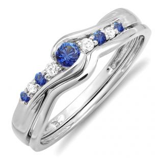 0.25 Carat (ctw) 14k White Gold Round Blue Sapphire And White Diamond Ladies Bridal Promise Engagement Wedding Set Ring with Matching Band 1/4 CT