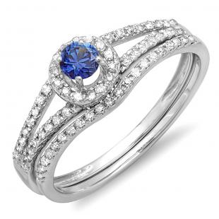 0.45 Carat (ctw) 18k White Gold Round Blue Sapphire And White Diamond Ladies Bridal Halo Style Engagement Ring With Wedding Band Set 1/2 CT