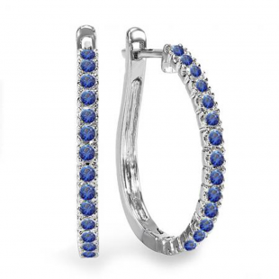 0.50 Carat (ctw) 10k White Gold Round Blue Sapphire Ladies Hoop Earrings 1/2 CT