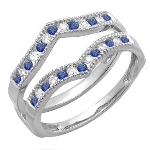 0.45 Carat (ctw) 10k White Gold Round White Diamond & Blue Sapphire Ladies Milgrain Anniversary Wedding Band Guard Double Ring 1/2 CT