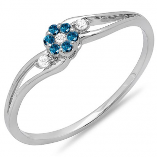 0.10 Carat (ctw) 10k White Gold Round White & Blue Diamond Ladies Bridal Swirl Split Shank Cluster Promise Ring 1/10 CT