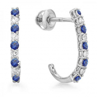 0.40 Carat (ctw) 10K White Gold Round Blue sapphire & White Diamond Ladies Fancy J Shaped Hoop Earrings