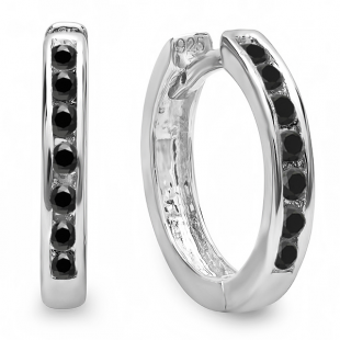 0.15 Carat (ctw) Small 11mm Sterling Silver Round Black Diamond Huggie Hoop Earrings