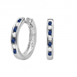 0.15 Carat (ctw) Small 11mm Sterling Silver Round Blue Sapphire & White Diamond Huggie Hoop Earrings