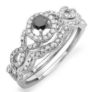 0.60 Carat (ctw) 10k White Gold Round Black & White Diamond Ladies Halo Style Bridal Engagement Ring Matching Band Set