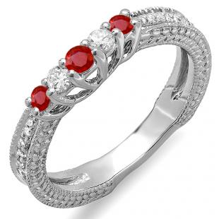 0.45 Carat (ctw) 10k White Gold Round Ruby And White Diamond Ladies Anniversary Wedding Band Guard Enhancer Ring 1/2 CT