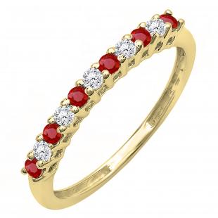 0.33 Carat (ctw) 14K Yellow Gold Round Red Ruby And White Diamond Anniversary Stackable Wedding Band 1/3 CT