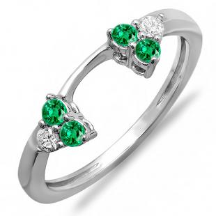 0.30 Carat (ctw) 14K White Gold Round Green Emerald And White Diamond Ladies Anniversary Wedding Ring Matching Guard Band 1/3 CT