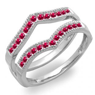 0.45 Carat (ctw) 18k White Gold Round Ruby Ladies Milgrain Anniversary Wedding Band Guard Double Ring 1/2 CT