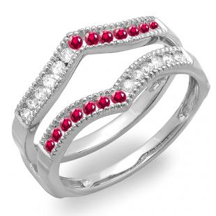 0.45 Carat (ctw) 10k White Gold Round Ruby & White Diamond Ladies Milgrain Anniversary Wedding Band Guard Double Ring 1/2 CT