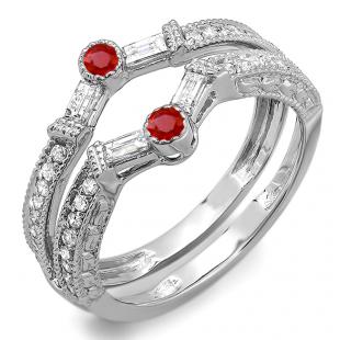 0.55 Carat (ctw) 18k White Gold Round & Baguette Ruby And White Diamond Ladies Anniversary Wedding Enhancer Guard Band 1/2 CT