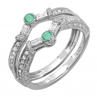 0.55 Carat (ctw) 14k White Gold Round & Baguette Green Emerald And White Diamond Ladies Anniversary Wedding Enhancer Guard Band 1/2 CT
