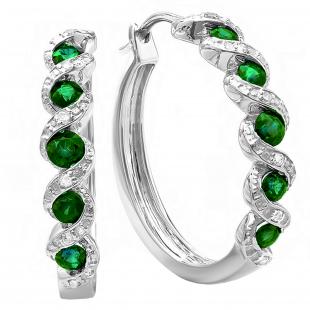 0.86 Carat (ctw) Sterling Silver Round White Diamond & Green Emerald Ladies Hoop Earrings