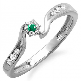 0.15 Carat (ctw) 10k White Gold Round Green Emerald And White Diamond Ladies Promise Bridal Engagement Ring