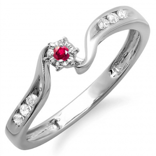 0.15 Carat (ctw) 18k White Gold Round Ruby And White Diamond Ladies Promise Bridal Engagement Ring