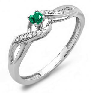 0.20 Carat (ctw) 14k White Gold Round Green Emerald And White Diamond Crossover Swirl Ladies Bridal Promise Engagement Ring 1/5 CT
