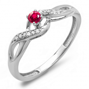 0.20 Carat (ctw) 14k White Gold Round Ruby And White Diamond Crossover Swirl Ladies Bridal Promise Engagement Ring 1/5 CT