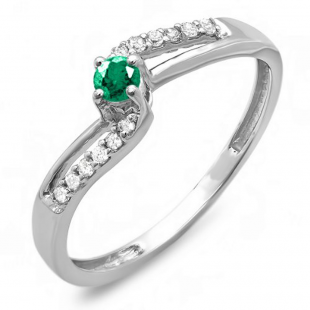 0.20 Carat (ctw) 18k White Gold Round Green Emerald And White Diamond Wave Ladies Bridal Promise Engagement Ring 1/5 CT