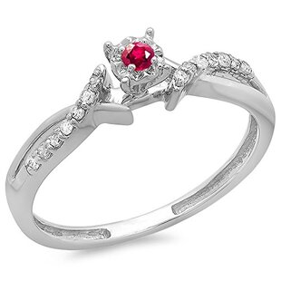 0.15 Carat (ctw) 18k White Gold Round Ruby And White Diamond Crossover Split Shank Ladies Bridal Promise Engagement Ring 1/6 CT