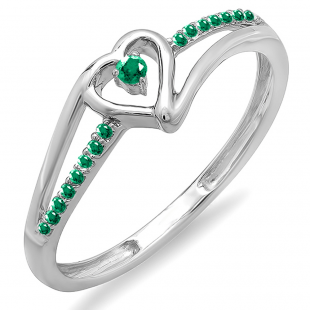 0.10 Carat (ctw) 14K White Gold Round Green Emerald Ladies Bridal Promise Heart Split Shank Engagement Ring 1/10 CT