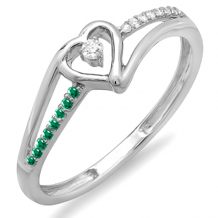 0.10 Carat (ctw) 10K White Gold Round Green Emerald And White Diamond Ladies Bridal Promise Heart Split Shank Engagement Ring 1/10 CT