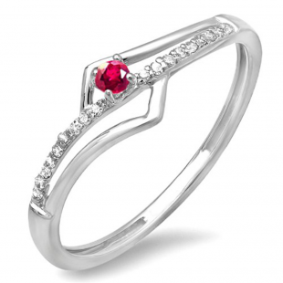 0.10 Carat (ctw) 18k White Gold Round Ruby And White Diamond Wave Ladies Bridal Promise Engagement Ring 1/5 CT