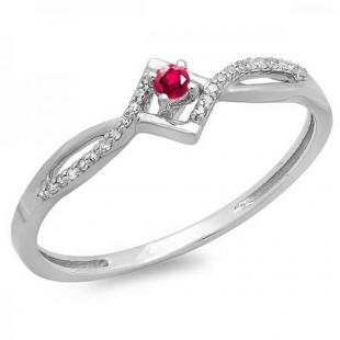 0.15 Carat (ctw) 18k White Gold Round Ruby And White Diamond Ladies Promise Engagement Ring