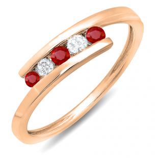 0.25 Carat (ctw) 18K Rose Gold Round Red Ruby And White Diamond Ladies 5 Stone Bridal Promise Ring 1/4 CT