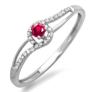 0.16 Carat (ctw) 18k White Gold Round Cut Ruby And White Diamond Ladies Engagement Bridal Promise Ring